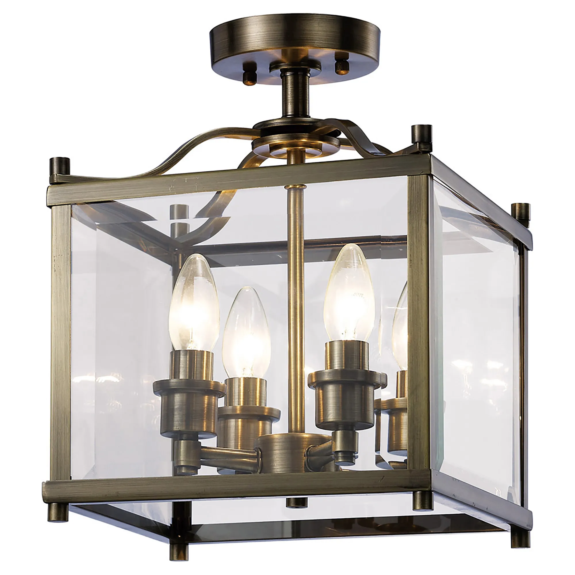 IL31111  Aston Glass Square Semi Flush 4 Light Antique Brass